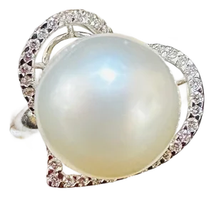 14MM Round White South Sea Pearl & Diamond Heart Ring , 18 K White Gold, Vintage