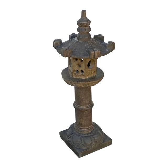 Chinese Oriental Zen Gray Stone Hexagon Tower Garden Lantern Statue For Sale - Image 3 of 7