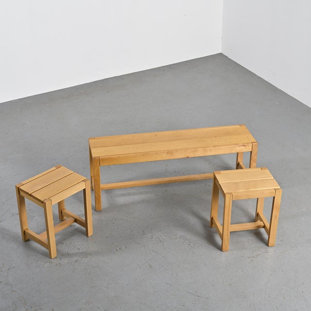 Vintage French Bench and Elm Stools, 1980, Set of 3 For Sale - Image 16 of 16