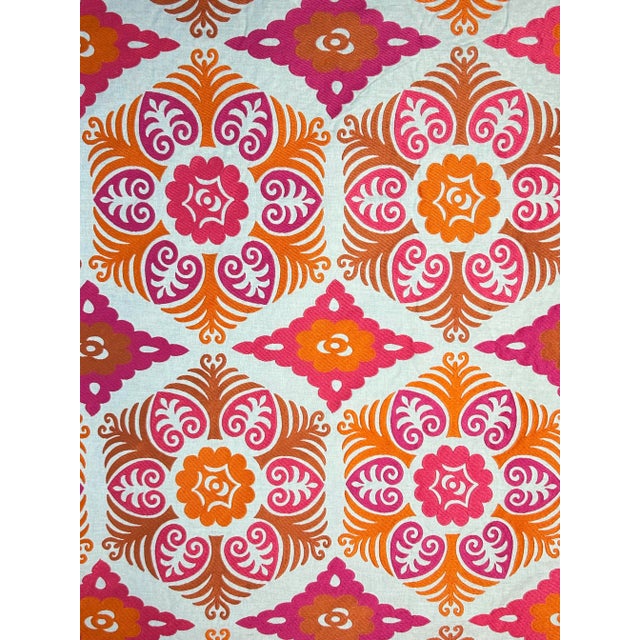 The embroidery in a “Suzani” style in three lively colors on a greige linen. The dense embroidery adds to the saturated...