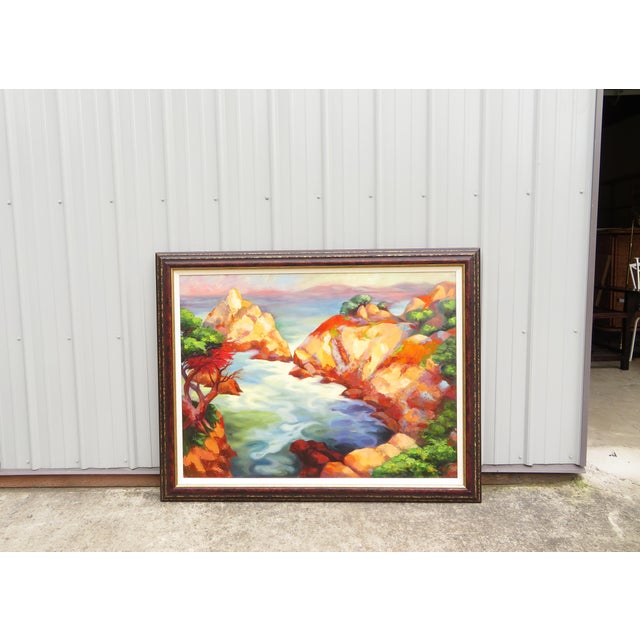 Excellent larger sized vintage contemporary original oil painting on canvas, framed and matted. This piece takes a spatial...