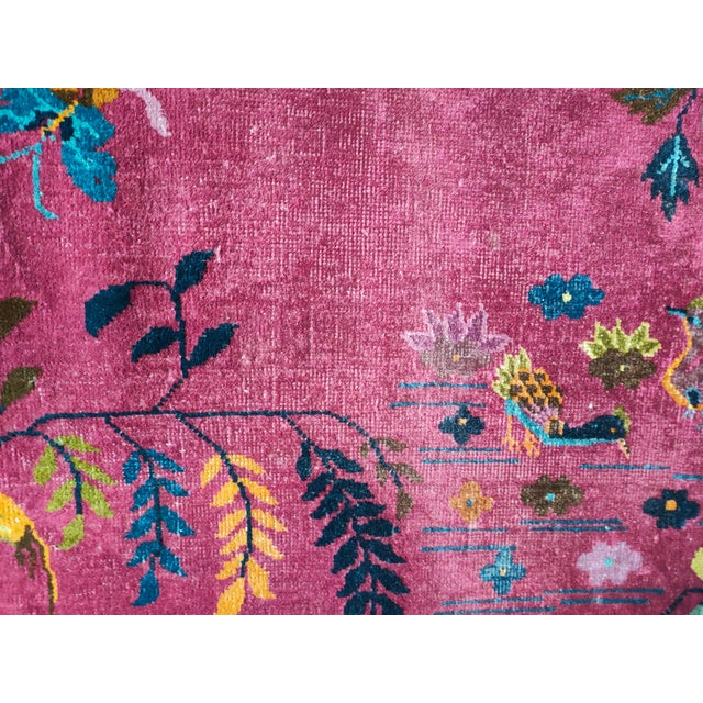 Textile 1920s Dark Pink Floral Open Field Antique Chinese Art Deco Rug 6' X 8'8" Handknotted Wool Carpet For Sale - Image 7 of 10