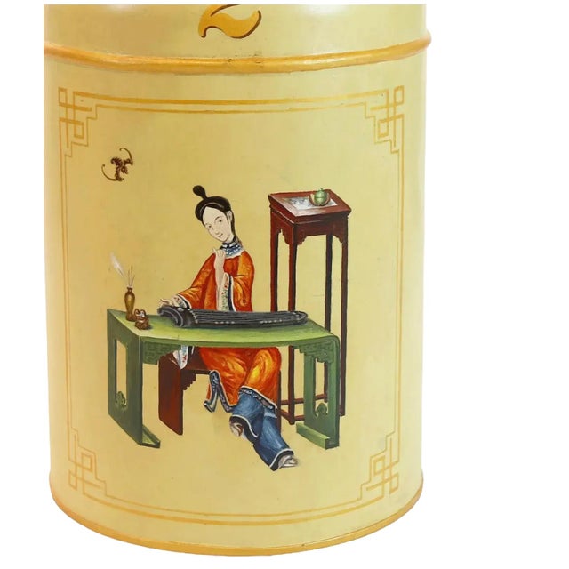 A Pair 1990s British Chinoiserie Hand-Painted Tin Tea Canister Table Lamps For Sale In New York - Image 6 of 11