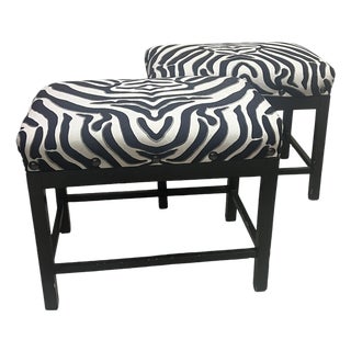 Pair of Contemporary Black Lacquer Benches With Animal Print Upholstery & Nailhead Trim For Sale