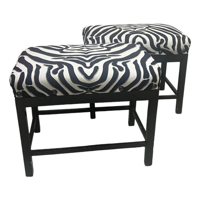 Pair of Contemporary Black Lacquer Benches With Animal Print Upholstery & Nailhead Trim For Sale