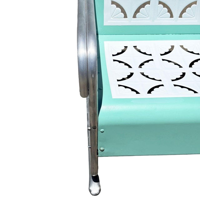 Baby Blue 1950s Woodard Style 3 Seat Steel & Aluminum Scrolling Garden Sofa Bench For Sale - Image 8 of 11