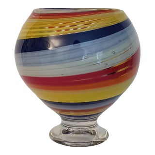 2001 Hand Blown Multi-Color Swirl Glass Pedestal Bowl For Sale
