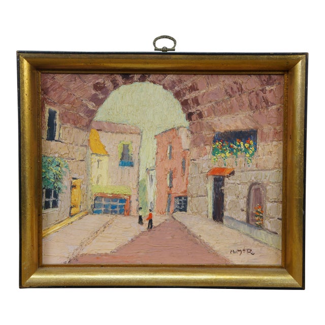 Late 20th Century H. McRae Impressionist European Cityscape Oil Painting on Board 11" For Sale