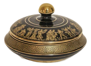 Black With 24k Gold Porcelain Jar With Lid Made in Greece by Spyropoulos 1960s