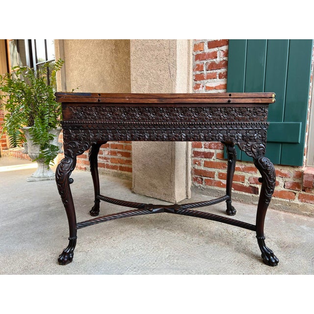 Antique Foyer Hall Table British Colonial Carved Wood Leather Flip Top Burmese For Sale - Image 12 of 12