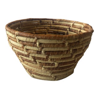 Round Coiled Tan and Brown Decorative Basket For Sale