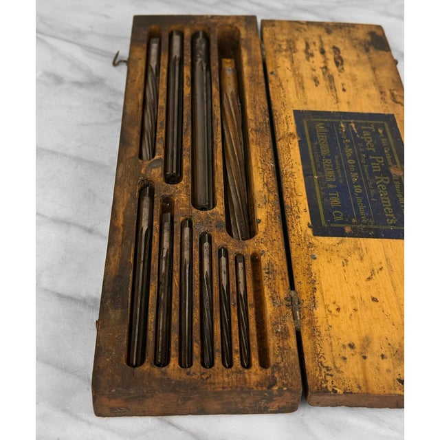 Antique Traditional Wood Tool Storage Box With Millersburg Reamer Bits For Sale - Image 6 of 12