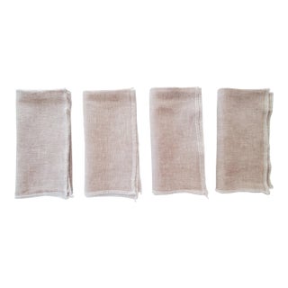 Tan or Beige Linen Napkins With White Overlock Edges - Set of 4 For Sale
