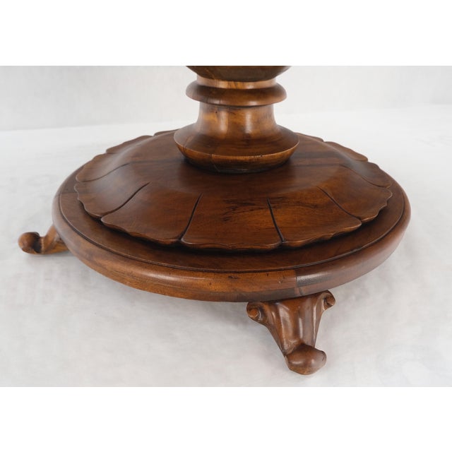 1970s Burl Walnut Wood Top Round Carved Lotus Shape Base Dining Center Table For Sale - Image 5 of 12