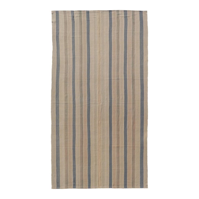 Vintage Turkish Gallery Kilim With Soft Neutral Stripes in Blue and Sand For Sale
