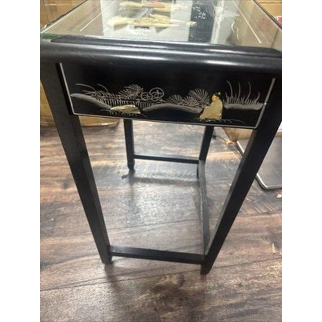 Late 20th Century Late 20th Century Oriental Black Japanese Furniture Lacquer Wood Side Table W. Glass For Sale - Image 5 of 6
