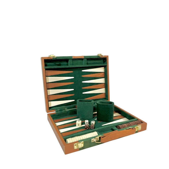 A wonderfully stylish vintage backgammon set housed in a compact leatherette and corduroy covered travel case. The...