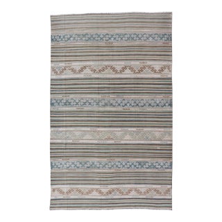 Turkish Flat-Weave Kilim With Stripes and Embroideries in Blue, Green, and Cream For Sale