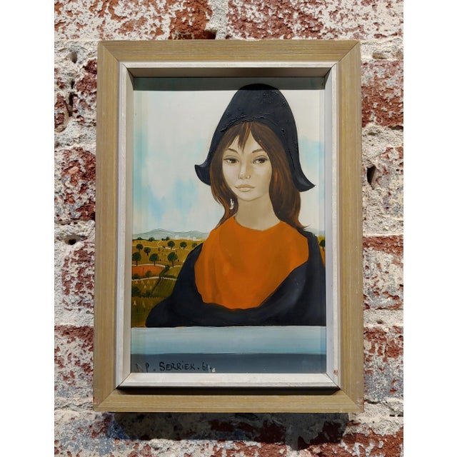 Orange Jean-Pierre Serrier -Portrait of a Modern Mona Lisa -1960s Surrealist Oil Painting For Sale - Image 8 of 8