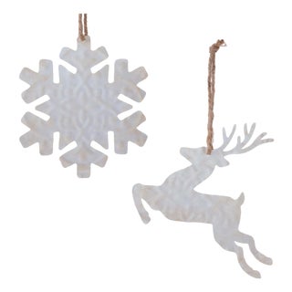 Snowflake and Deer Ornament Set of 12  5.25"H & 6"H Metal/Jute For Sale