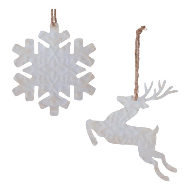 Snowflake and Deer Ornament Set of 12  5.25"H & 6"H Metal/Jute For Sale