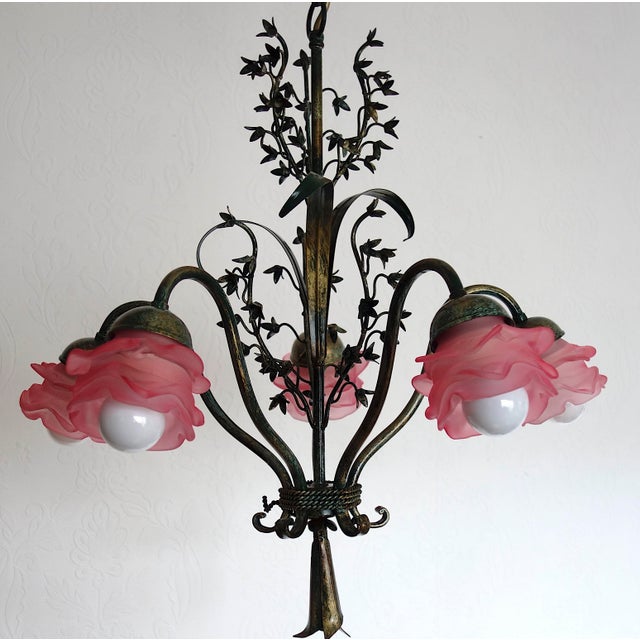 Vintage Green-Gold Patinated Metal Pink Shade Chandelier, 1970s For Sale - Image 9 of 18