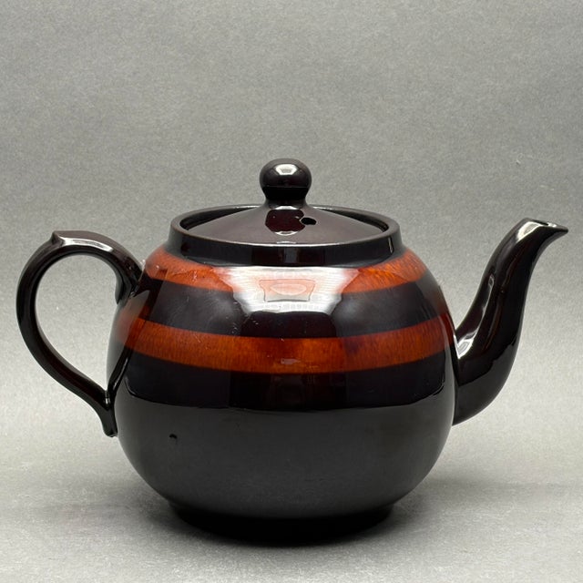 Farmhouse Vintage Globe Pottery Brown Striped Teapot Made in England For Sale - Image 3 of 9