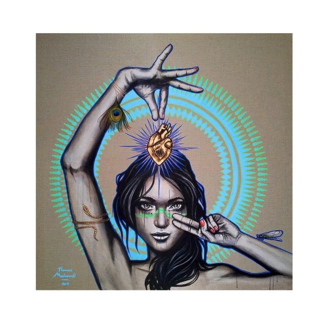 "Tears and Salvation" Mixed media, acrylic, Posca, gold leaf and peacock feather on natural linen 100x100 cm 2015 This...