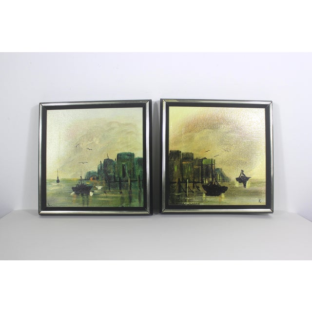 Mid-Century Modern Signed Vintage Oil Paintings, Marina Sailboats, Mid-Century Nautical Art Framed, a Pair For Sale - Image 3 of 14