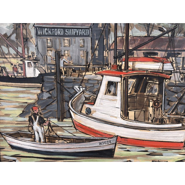 This original work by Rhode Island artist John Day (1932–1982) depicts the working waterfront at Wickford Shipyard in...