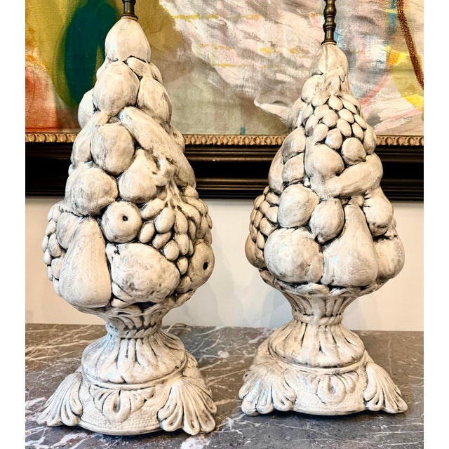 White Monumental Vintage 1970’s Majolica Porcelain Fruit Topiary Lamp in the Manner of Casa Pupo, Antique Wash Over Blanc De Chine- A Pair For Sale - Image 8 of 12