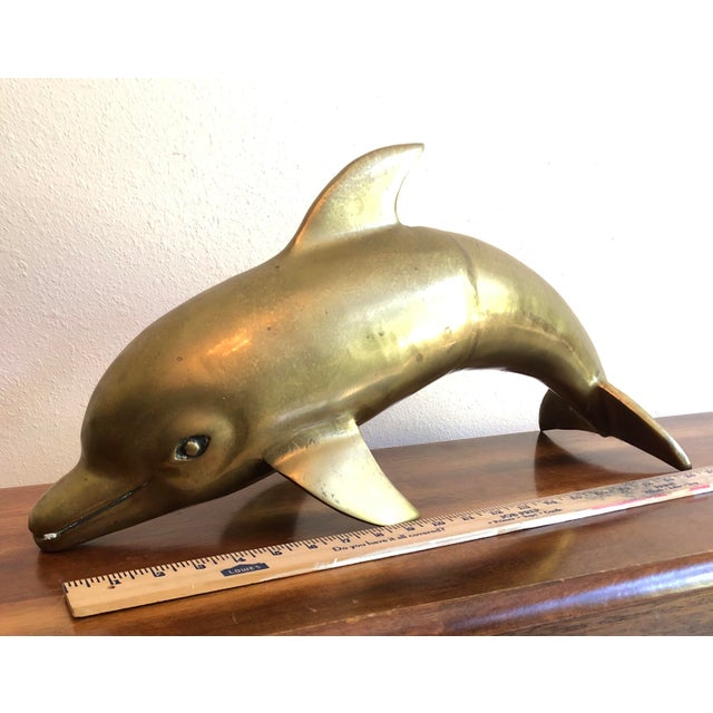 Vintage Mid-Century Solid Brass 21-Inch Leaping Dolphin Sculpture For Sale - Image 11 of 12
