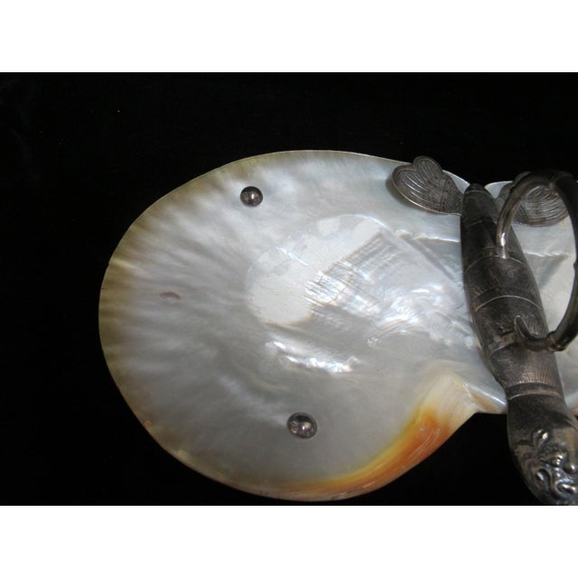 Early 20th Century Chinese Butterfly Silver & Mother of Pearl Shell Footed Serving Tray Dish For Sale - Image 5 of 11