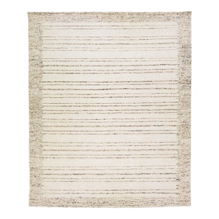 Modern Moroccan Style Beige Handmade Oversize Wool Rug With Stripe Motif For Sale