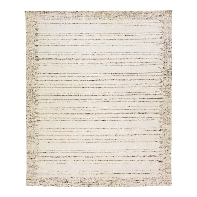 Modern Moroccan Style Beige Handmade Oversize Wool Rug With Stripe Motif For Sale