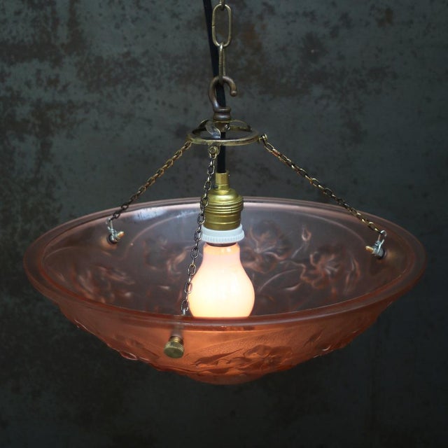 Metal Art Nouveau French Brass and Pink Pressed Glass Pendant Light, 1920s For Sale - Image 7 of 8