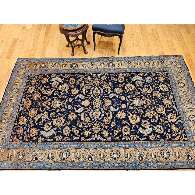 Persian Antique Persian Tabriz Rug, Hand-Knotted Wool & Silk, Allover Floral Pattern, Navy & Tan, 6x10 For Sale - Image 3 of 13