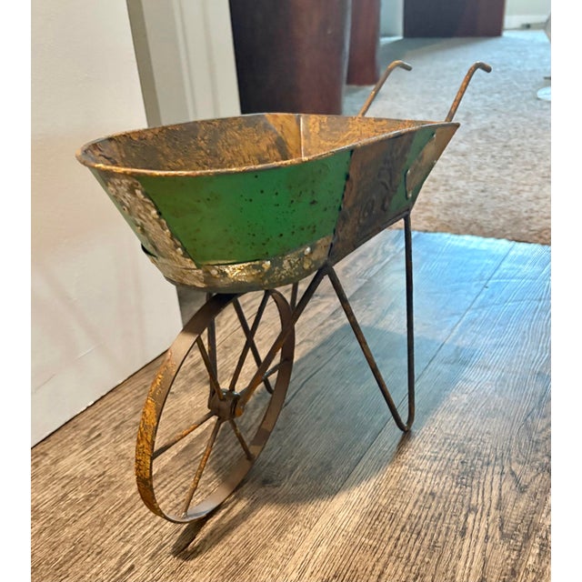 Rustic Small Rustic Reclaimed Painted Metal Wheelbarrow in Green, 10.5” X 18.5” For Sale - Image 3 of 9