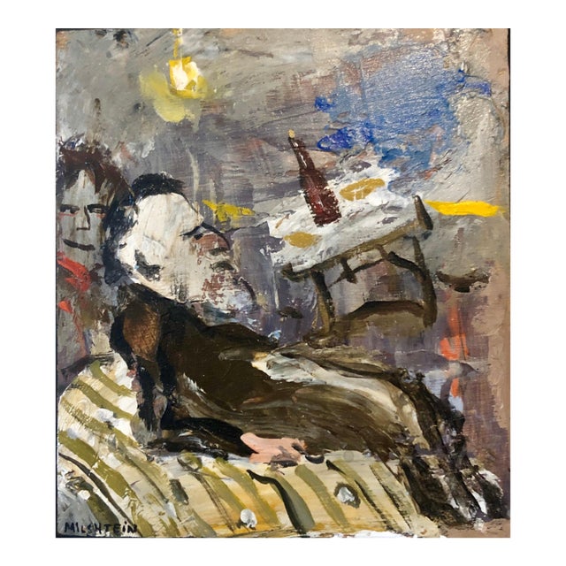 Zvi MilshteinFrench Israeli Surrealist Judaica Jewish Oil Painting Rabbi at Table, Bottle, c.1960s For Sale