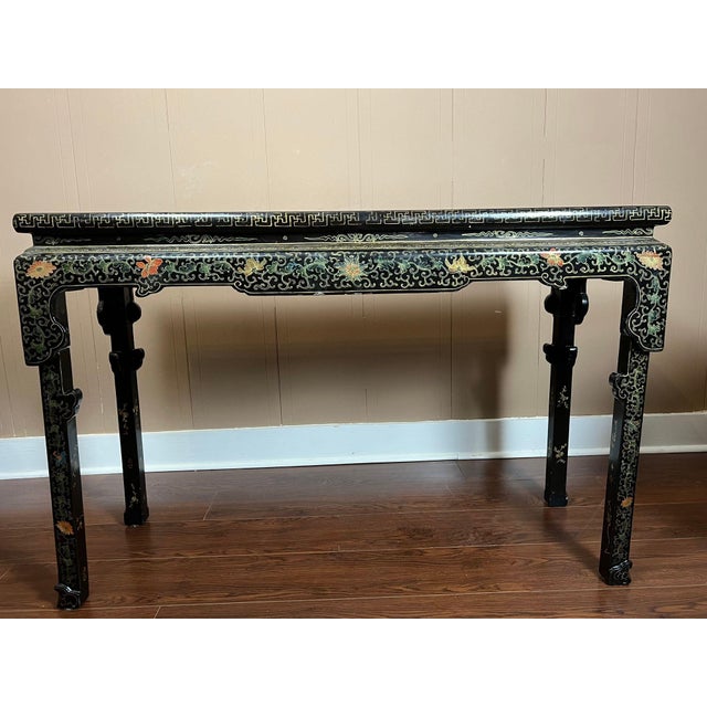 Vintage Chinese Console Table Black Lacquer Chinoiserie Gilt Hand Painted C1950 For Sale - Image 11 of 18