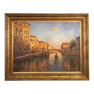 Italian Gondola Scene Signed Oil Painting For Sale
