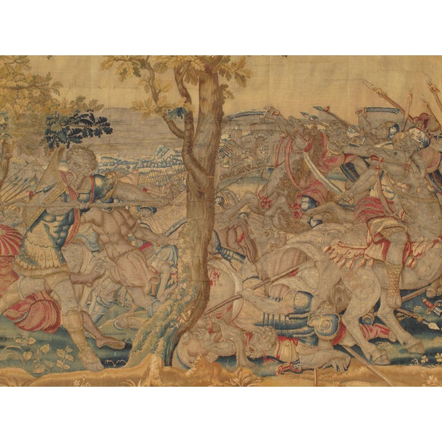 17th Century Fine Brussels Tapestry, Silk Wool, Green, Blue, Red, Battle Scene For Sale - Image 11 of 18