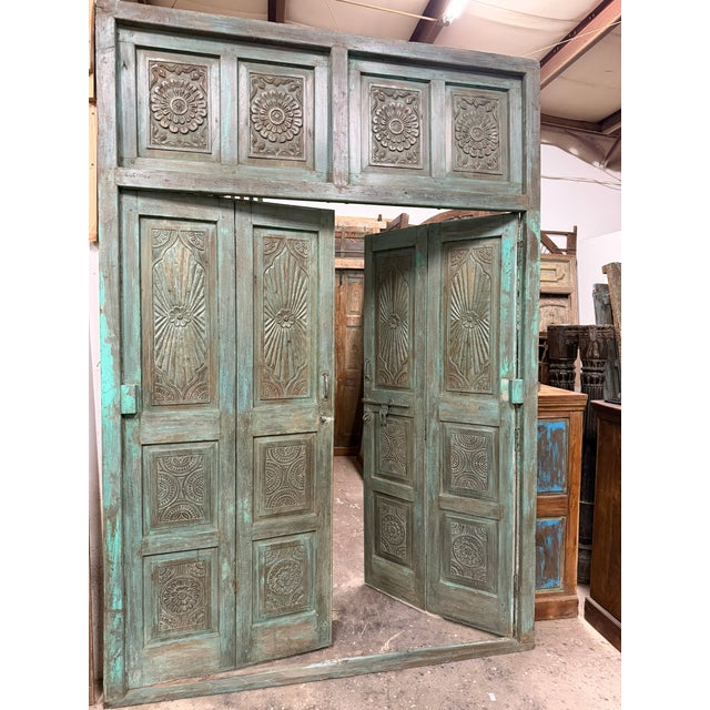 1920s Antique Green Carved Door Teak Wood Double Door Hinged Garden Door 98x69 For Sale - Image 5 of 5