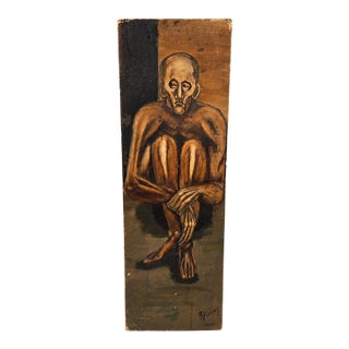 Mid-Century Modern Signed c.1930s "Huddled Man" Oil on Canvas Expressionist Painting For Sale