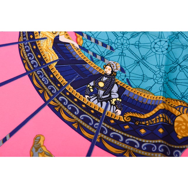 1970s Vintage Silk Hermes Scarf "Les Bissone De Venice" Hot Pink, Turquoise, Gold, Black, Gray, Purple For Sale - Image 11 of 11