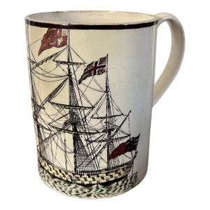 Large Antique Late 18th Century English Creamware Porter's Tankard Mug With British Sailing Ship at Sea