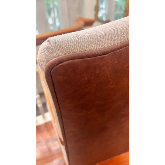 Reupholstered Attributed Baker Furniture Milling Road Accent Chair With Embossed Leather Back For Sale - Image 9 of 11