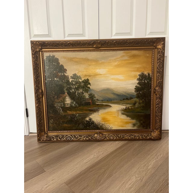 Antique River Landscape Oil Painting, Signed L. Couldwell, Ornate Gilt Frame For Sale - Image 4 of 10