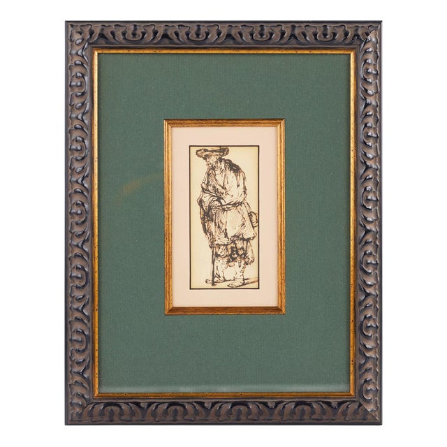 After Rembrandt, Old Man with Staff, Pen Drawing, 19th Century For Sale