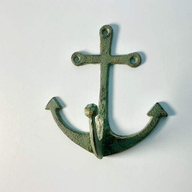 Nautical 1970s Vintage Nautical Coastal Arts & Crafts Cast Iron Anchor Wall Hook For Sale - Image 3 of 11